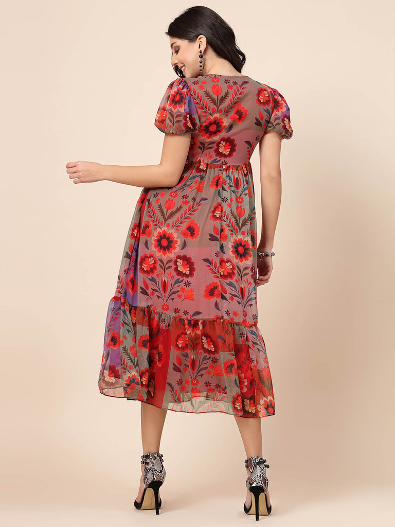 Red Baloon Sleeve Dress with Multi Color Floral Block Prints | Clothing |Ayro Lane