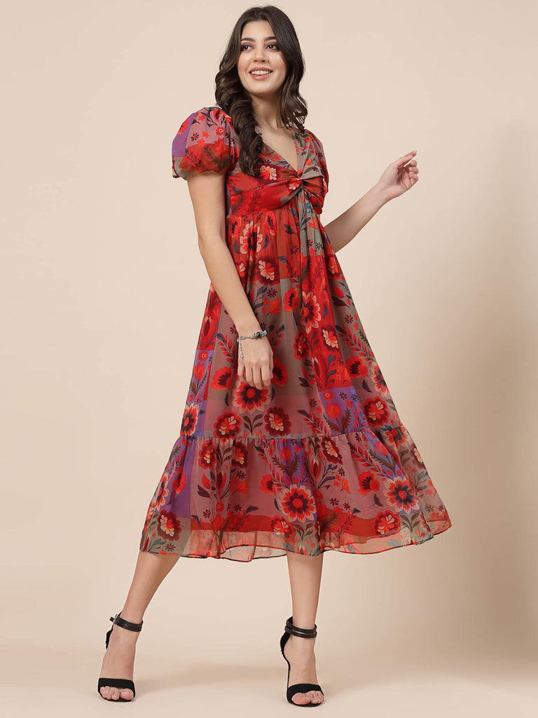 Red Baloon Sleeve Dress with Multi Color Floral Block Prints | Clothing |Ayro Lane