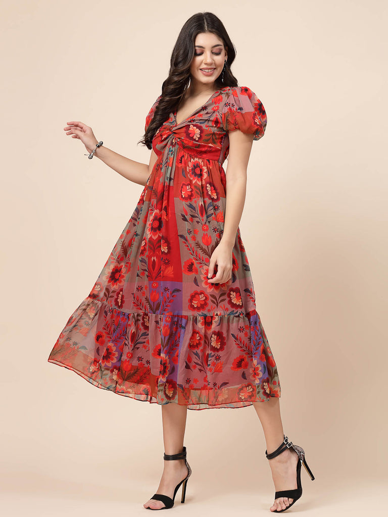 Red Baloon Sleeve Dress with Multi Color Floral Block Prints | Clothing |Ayro Lane