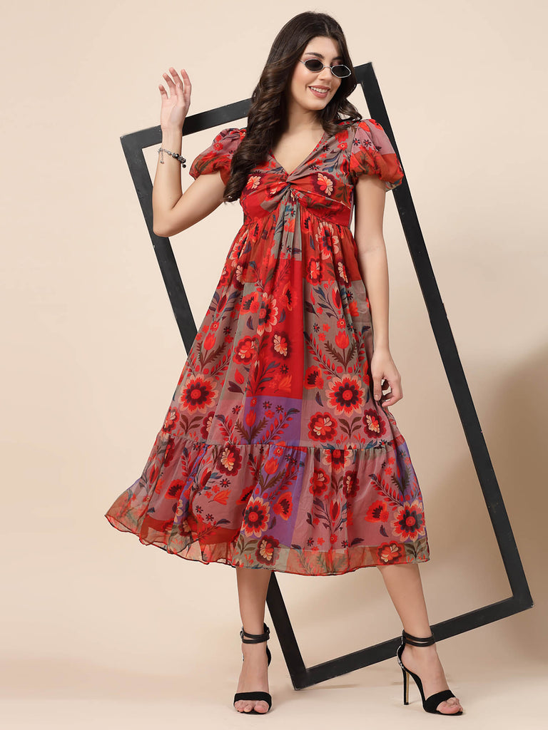 Red Baloon Sleeve Dress with Multi Color Floral Block Prints | Clothing |Ayro Lane