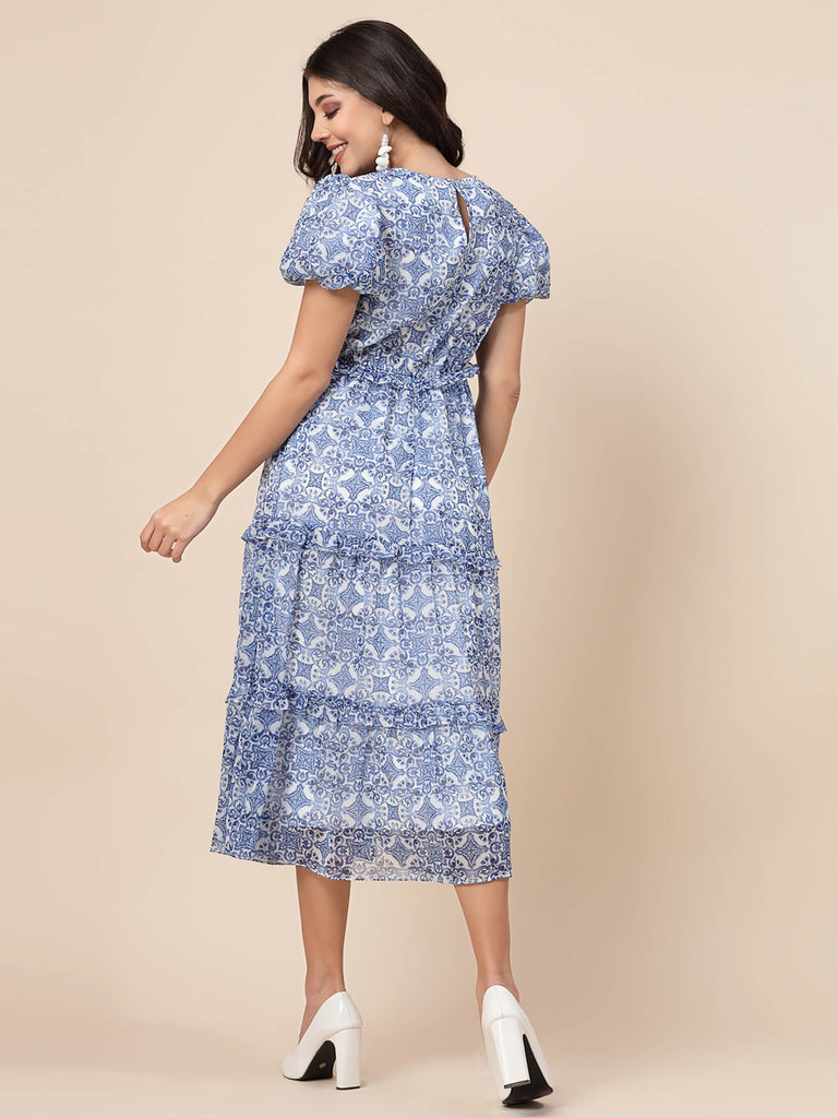 Tier Detail & Baloon Sleeve Dress (Blue & White) | Clothing |Ayro Lane