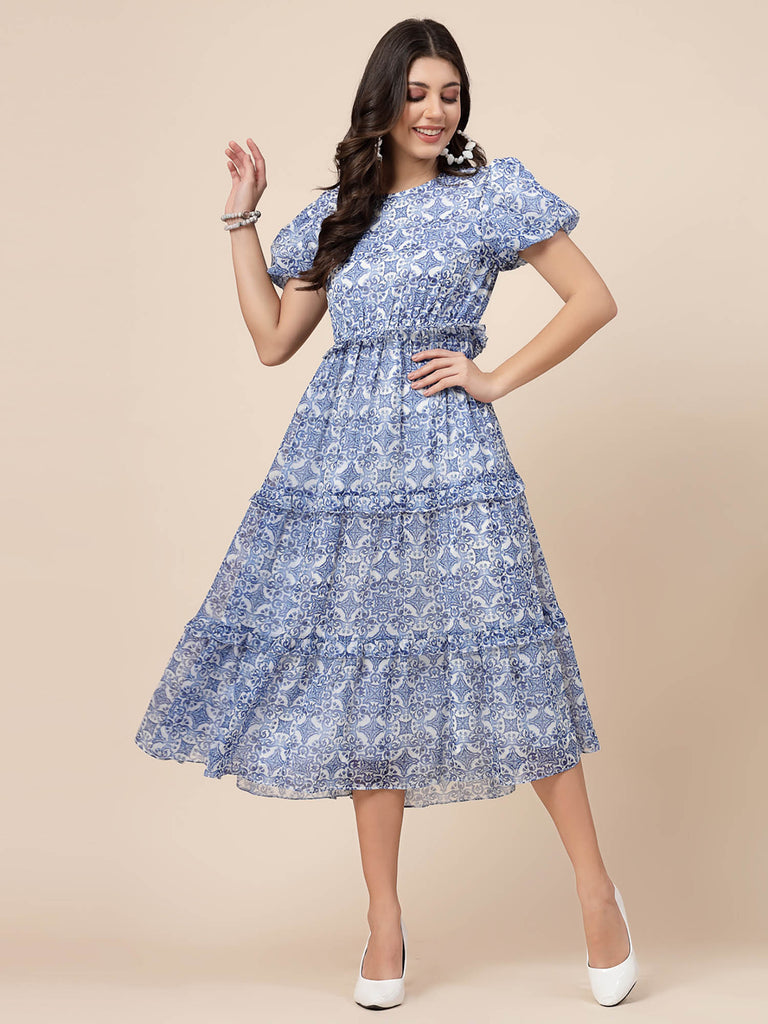 Tier Detail & Baloon Sleeve Dress (Blue & White) | Clothing |Ayro Lane