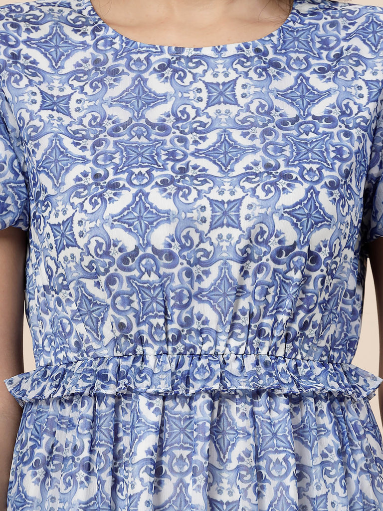 Tier Detail & Baloon Sleeve Dress (Blue & White) | Clothing |Ayro Lane