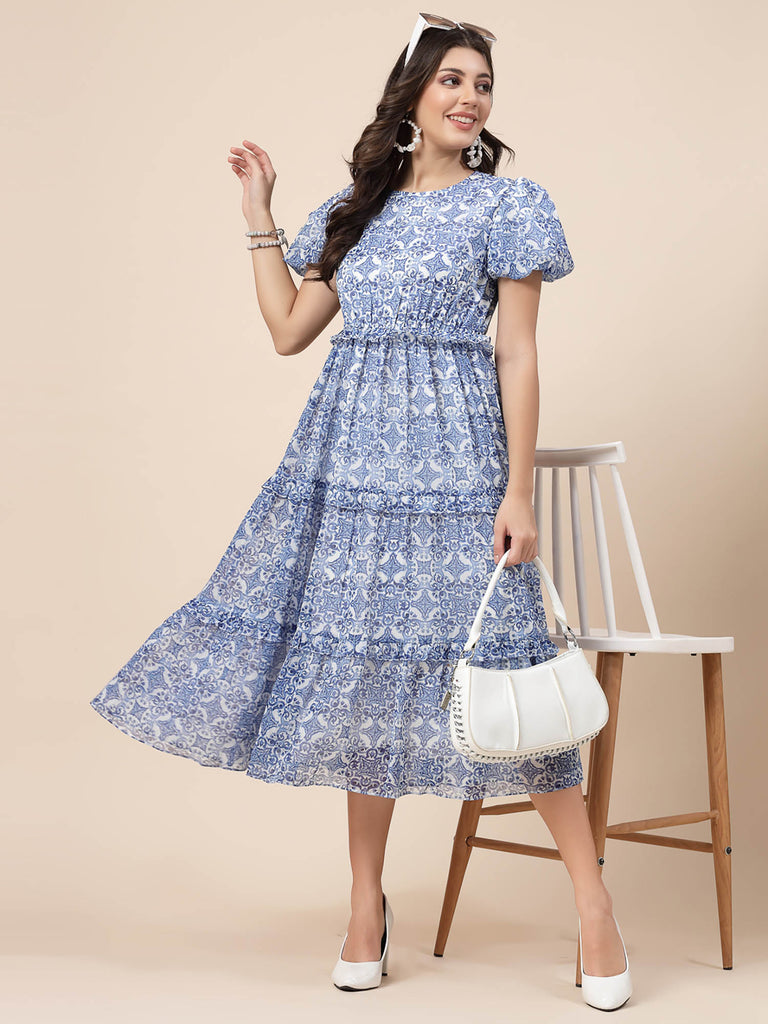 Tier Detail & Baloon Sleeve Dress (Blue & White) | Clothing |Ayro Lane