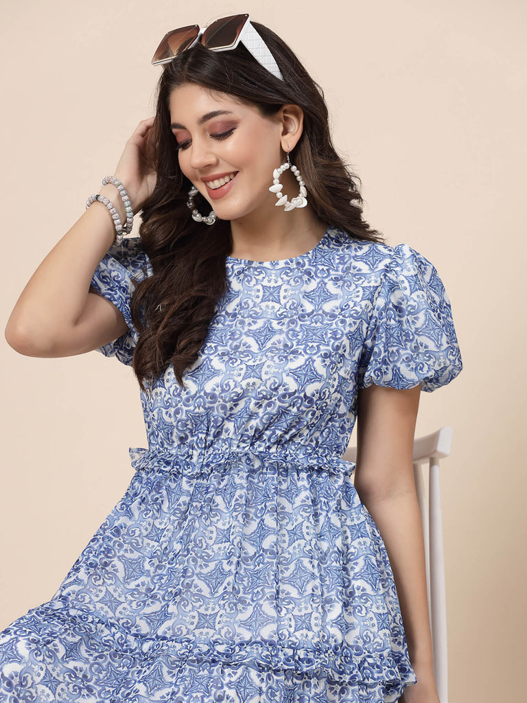 Tier Detail & Baloon Sleeve Dress (Blue & White) | Clothing |Ayro Lane