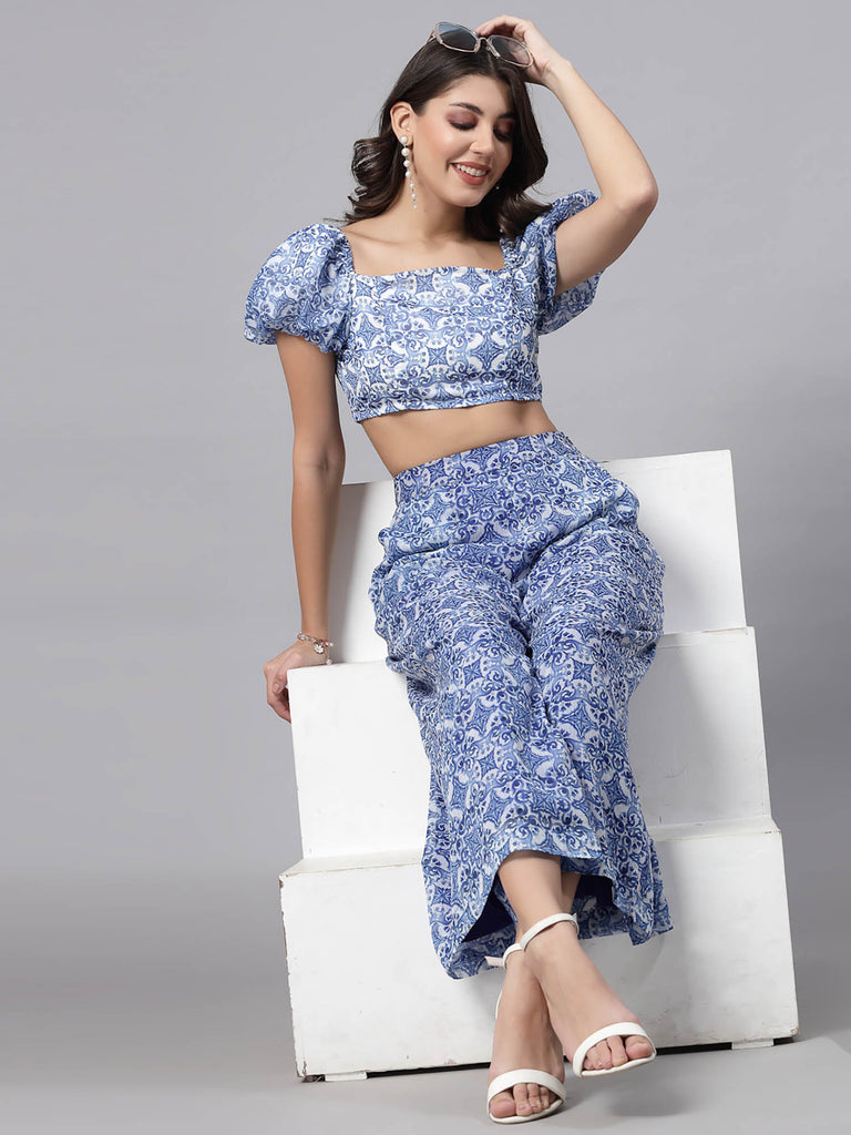 Blue Baloon Sleeve Crop Top with White Prints | Tops & Shirts | Ayro Lane