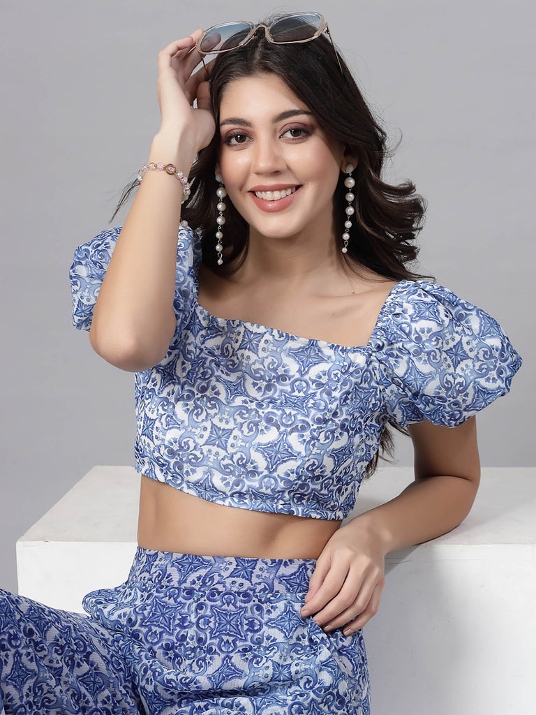 Blue Baloon Sleeve Crop Top with White Prints | Tops & Shirts | Ayro Lane