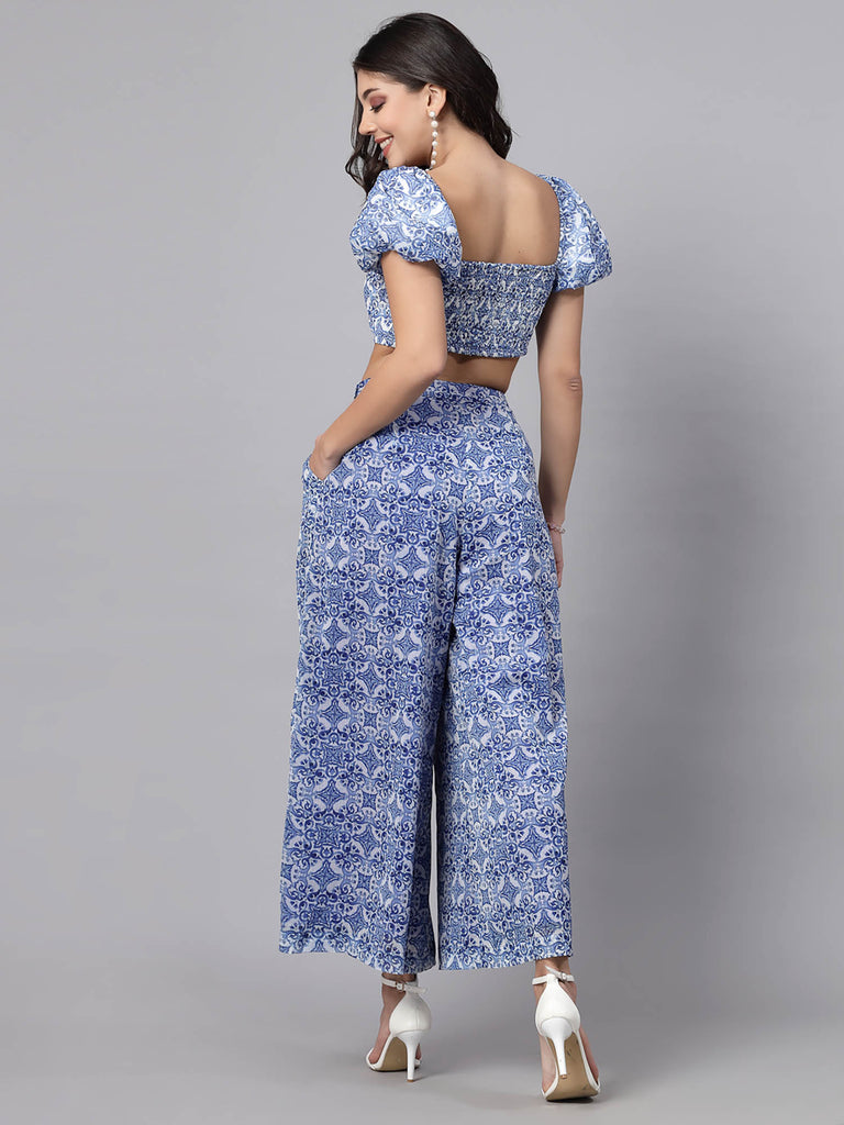 Blue Baloon Sleeve Crop Top with White Prints | Tops & Shirts | Ayro Lane