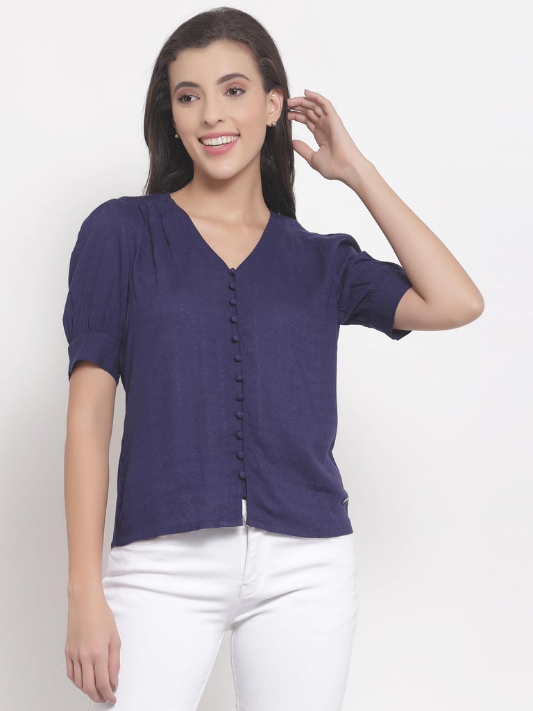 Deep Blue V Neck Button Down Top | Tops & Shirts |Ayro Lane