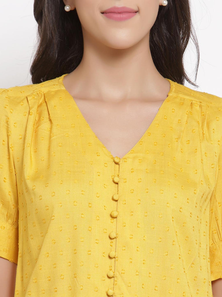 Mustard Textured V Neck Button Down Top | Tops & Shirts |Ayro Lane