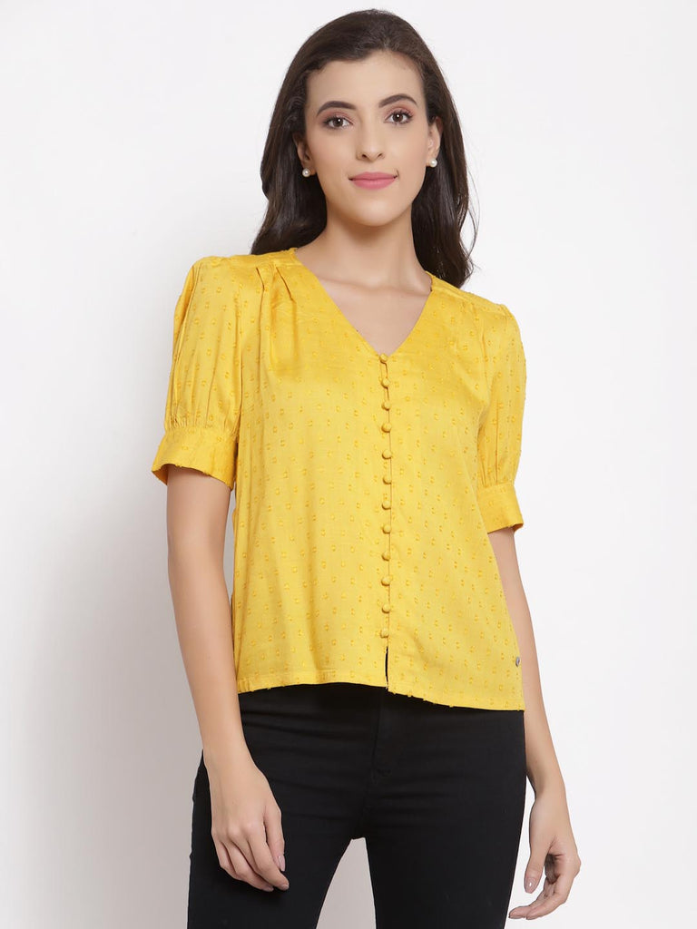 Mustard Textured V Neck Button Down Top | Tops & Shirts |Ayro Lane