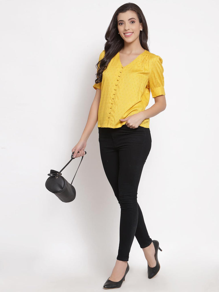 Mustard Textured V Neck Button Down Top | Tops & Shirts |Ayro Lane