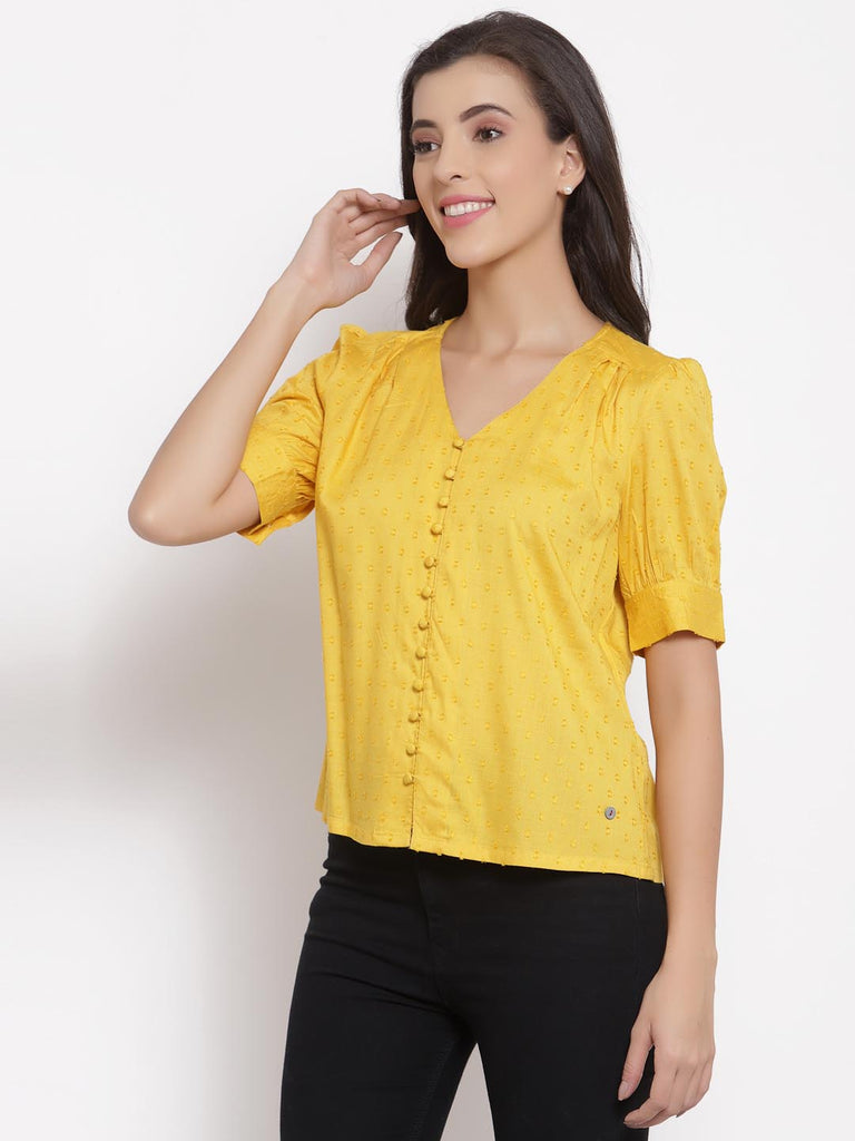 Mustard Textured V Neck Button Down Top | Tops & Shirts |Ayro Lane