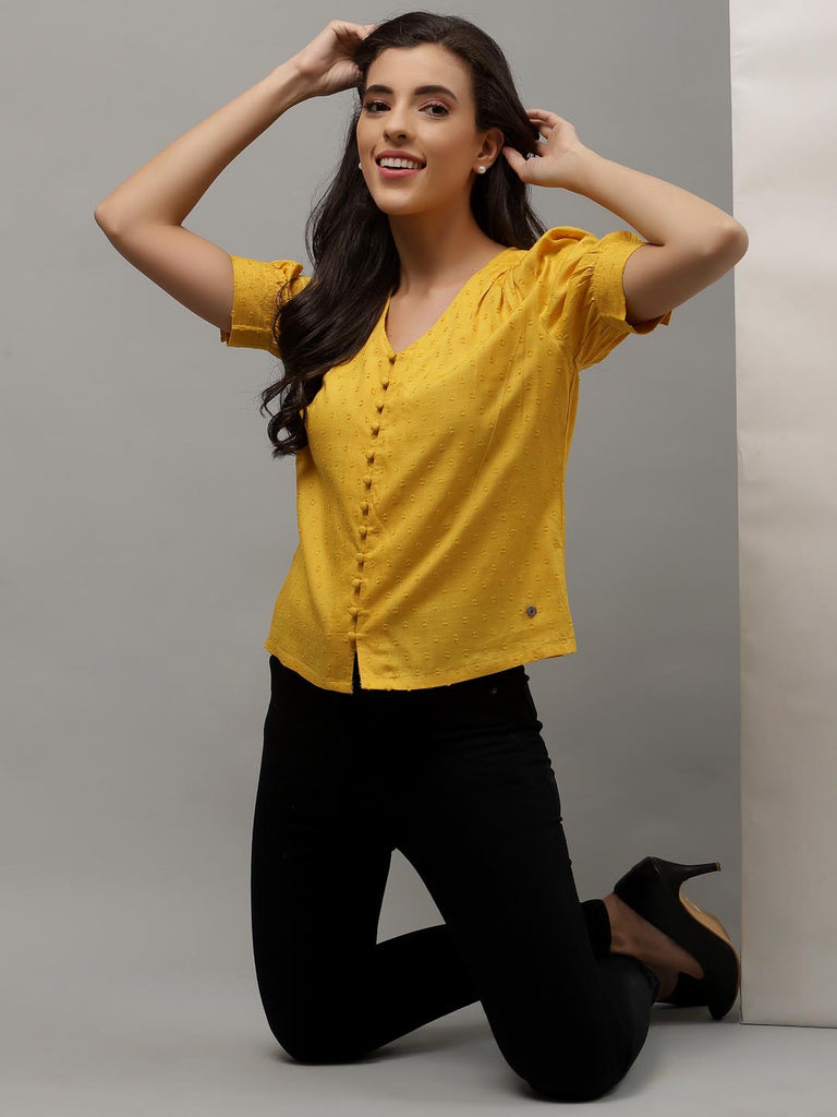 Mustard Textured V Neck Button Down Top | Tops & Shirts |Ayro Lane