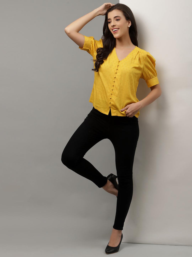 Mustard Textured V Neck Button Down Top | Tops & Shirts |Ayro Lane