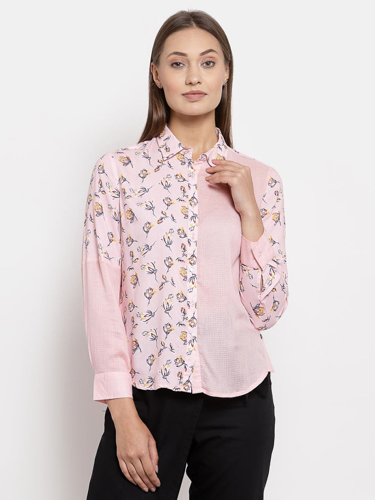 Pink Half Solid Half Printed Mix Shirt | Shirt |Ayro Lane