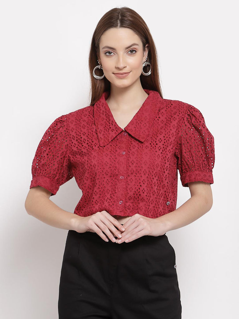 Wine Red Crop Collar Top | Tops & Shirts |Ayro Lane