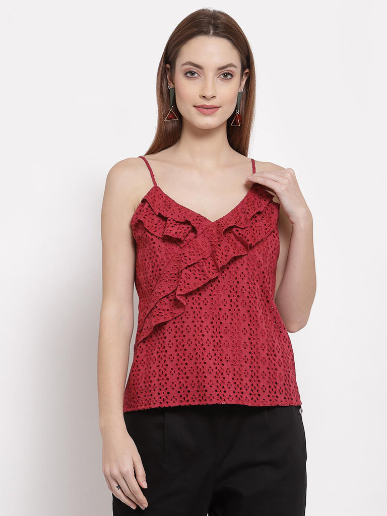 Wine Red Strappy Ruffle Top | Tops & Shirts |Ayro Lane