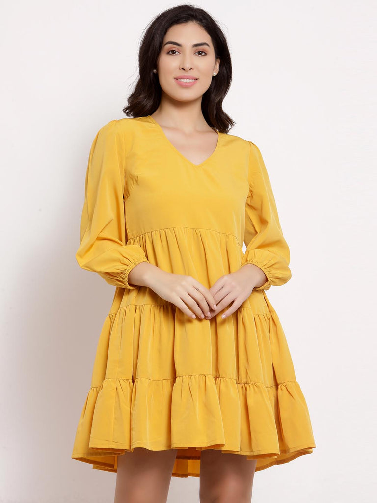 Soft Mustard V Neck Panel Dress | Hem Dress |Ayro Lane