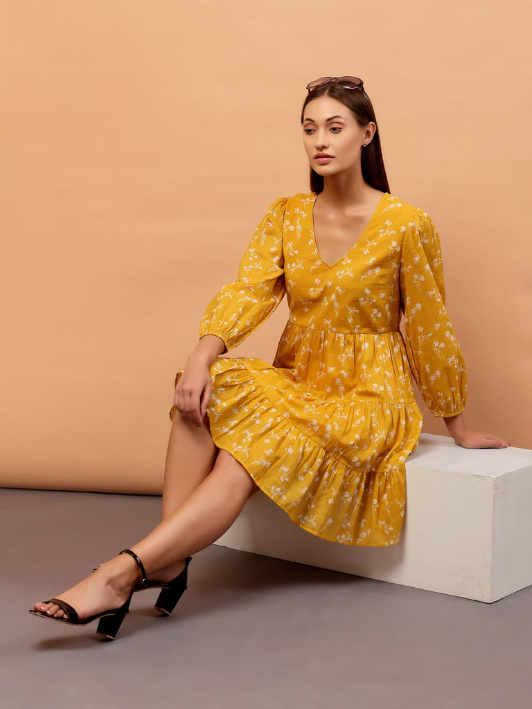 Mustard V Neck Panel Dress | Hem Dress |Ayro Lane