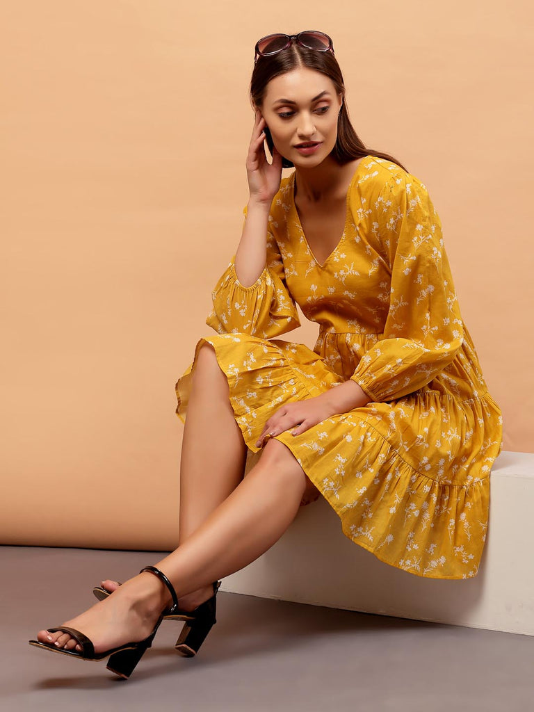 Mustard V Neck Panel Dress | Hem Dress |Ayro Lane