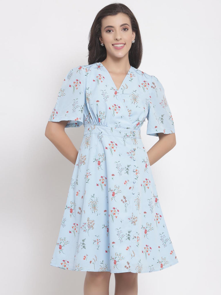 Blue Printed V Neck Fit Dress | Hem Dress |Ayro Lane