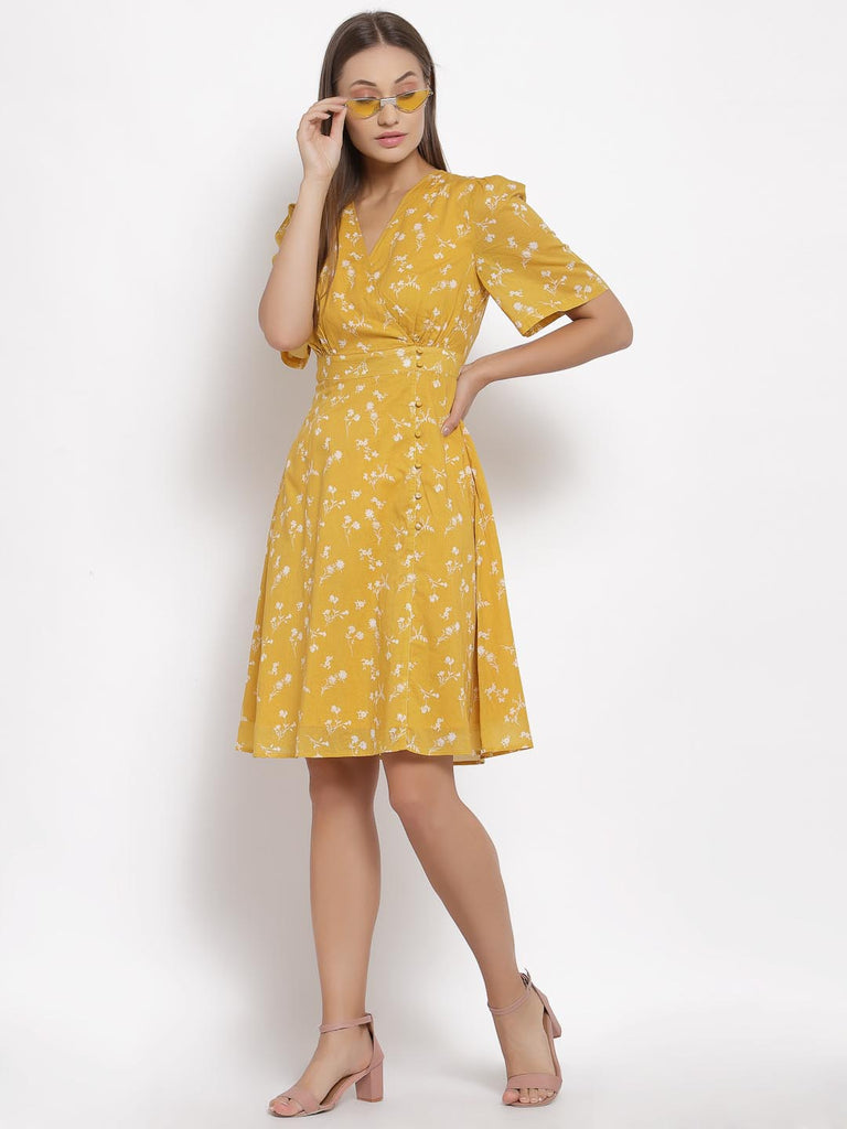 Mustard Printed V Neck Fit Dress | Hem Dress |Ayro Lane