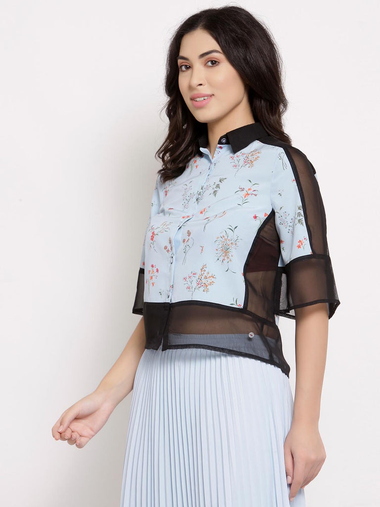 Blue Half Solid Half Printed Mix Top | Tops & Shirts |Ayro Lane