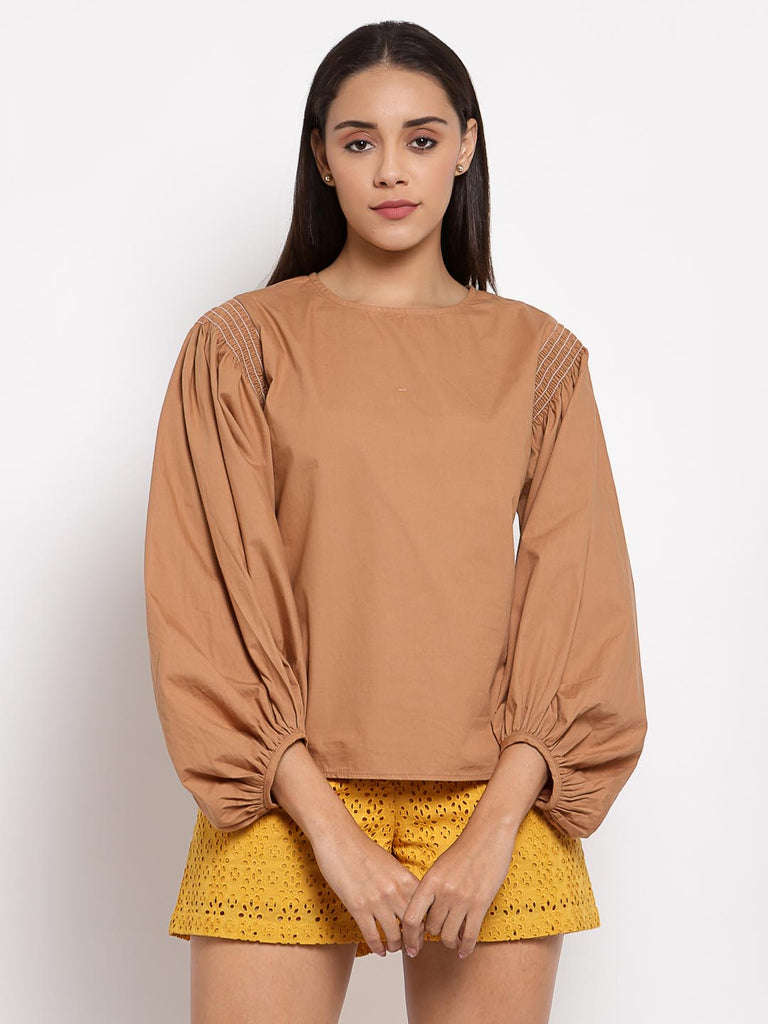 Light Brown Blouson Sleeve Top | Tops & Shirts |Ayro Lane