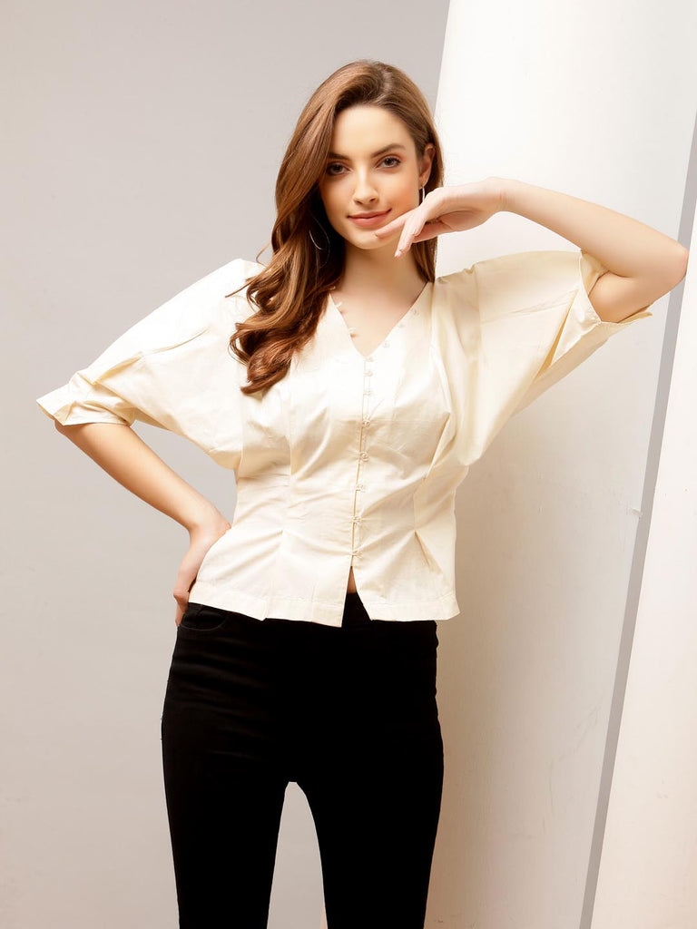 Butter Cream V Neck Button Down Blouse | Tops & Shirts |Ayro Lane