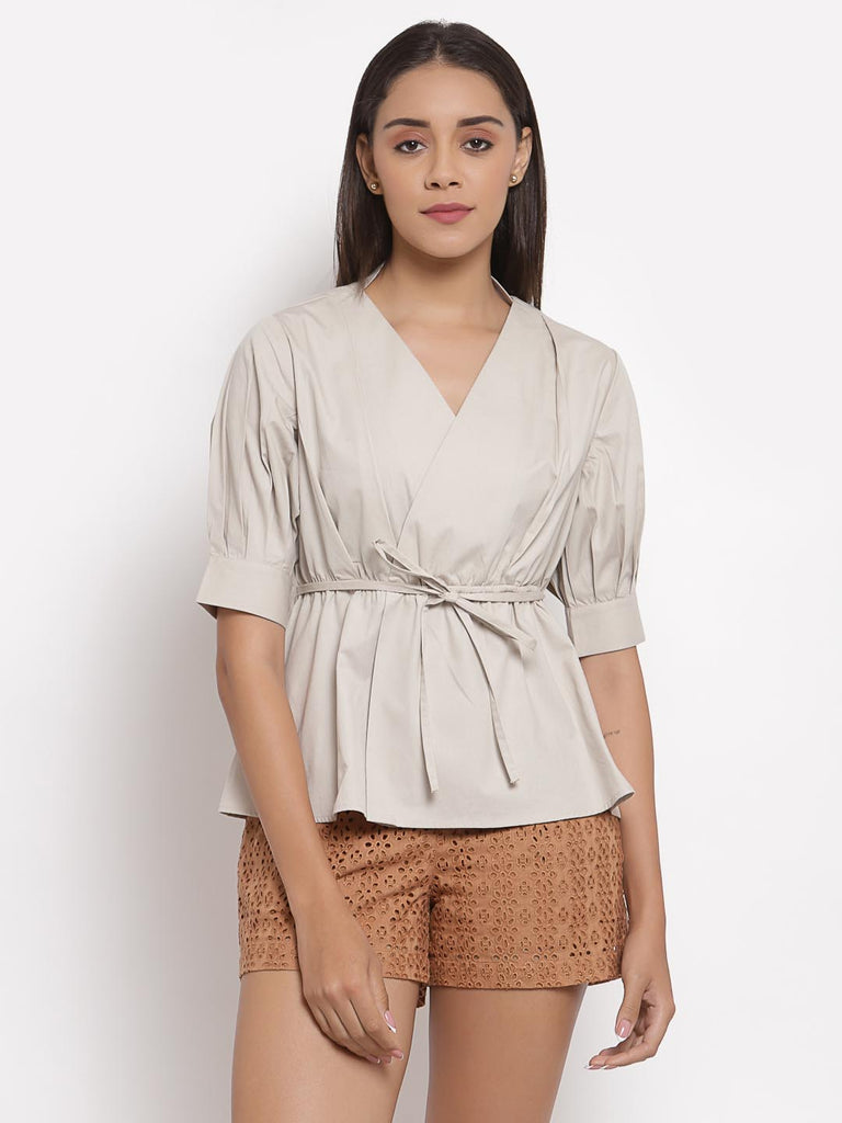 Stone Grey Overlap Waist Tie Up | Tops & Shirts |Ayro Lane