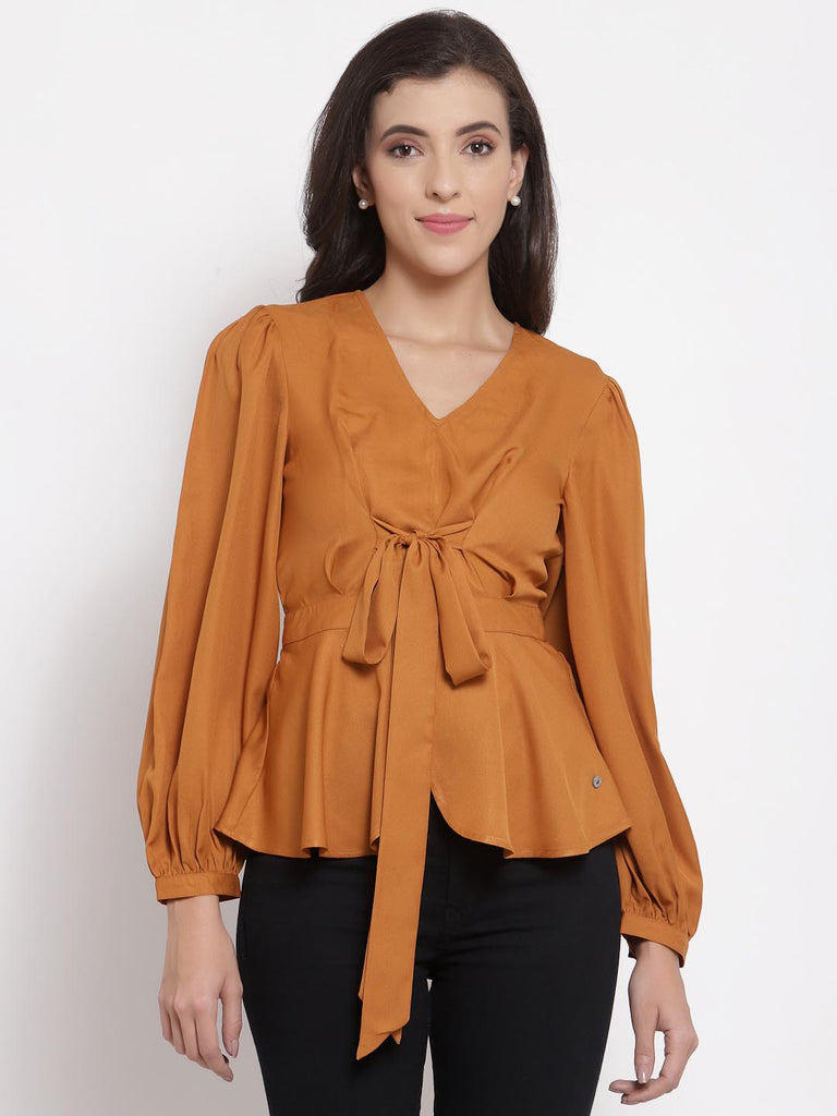 Tan Brown Peplum Tie Up Top | Tops & Shirts |Ayro Lane