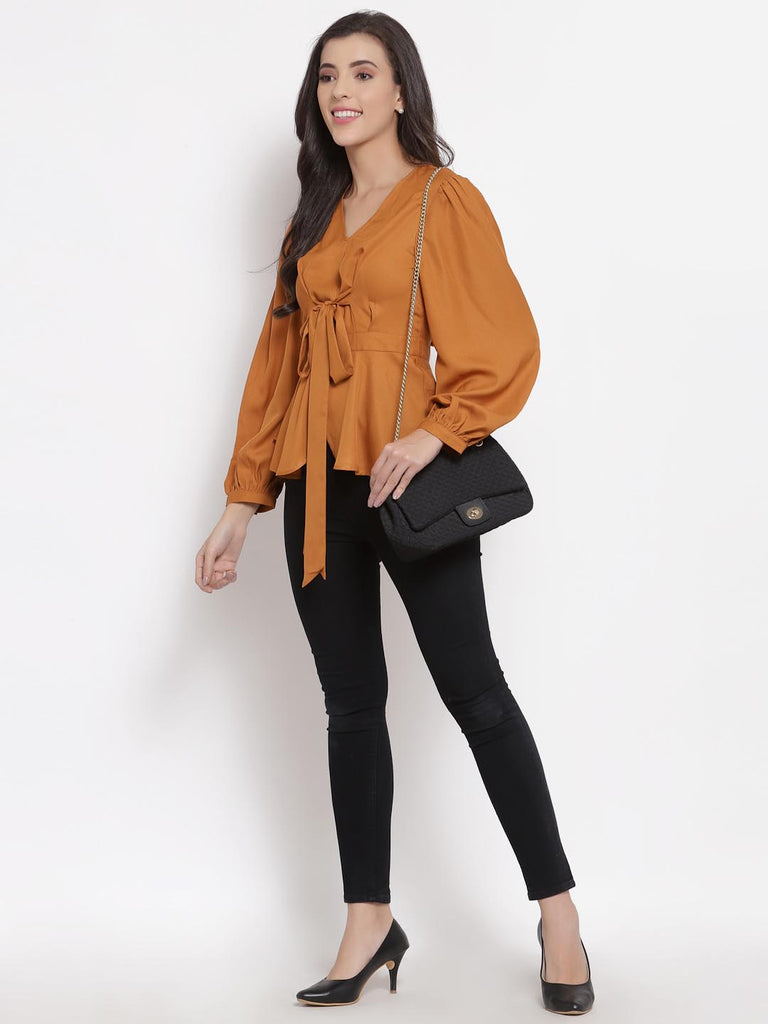 Tan Brown Peplum Tie Up Top | Tops & Shirts |Ayro Lane