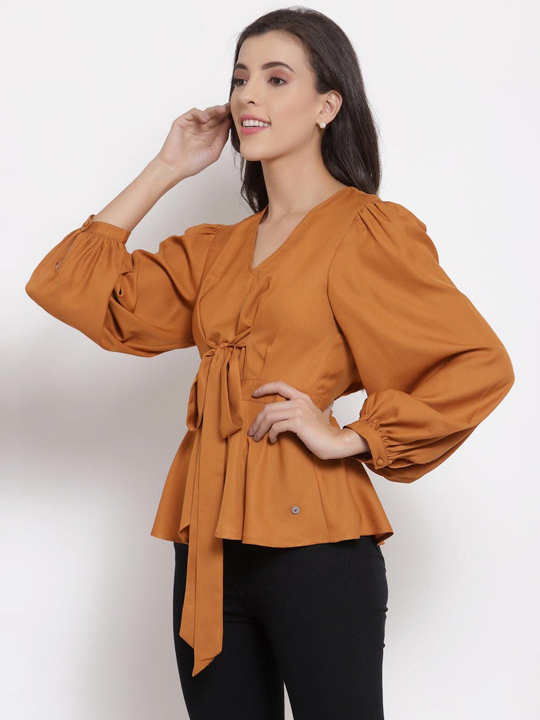 Tan Brown Peplum Tie Up Top | Tops & Shirts |Ayro Lane