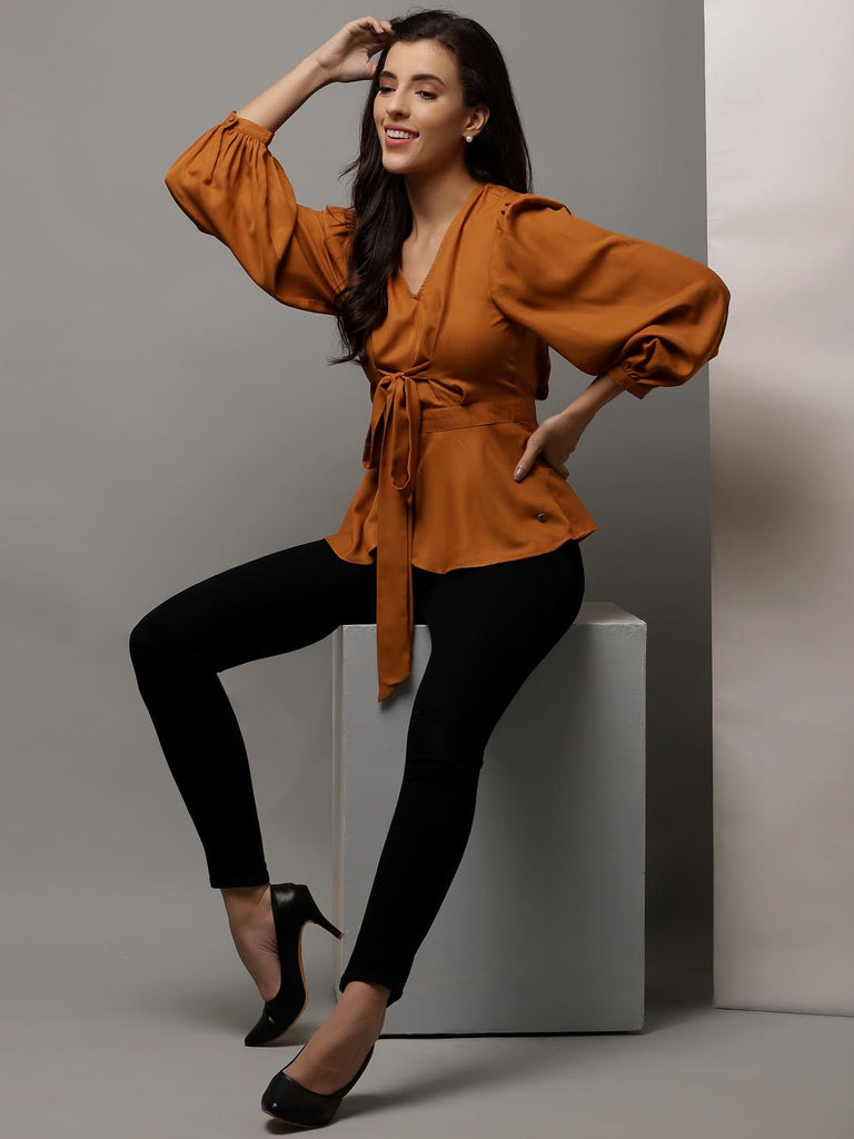 Tan Brown Peplum Tie Up Top | Tops & Shirts |Ayro Lane