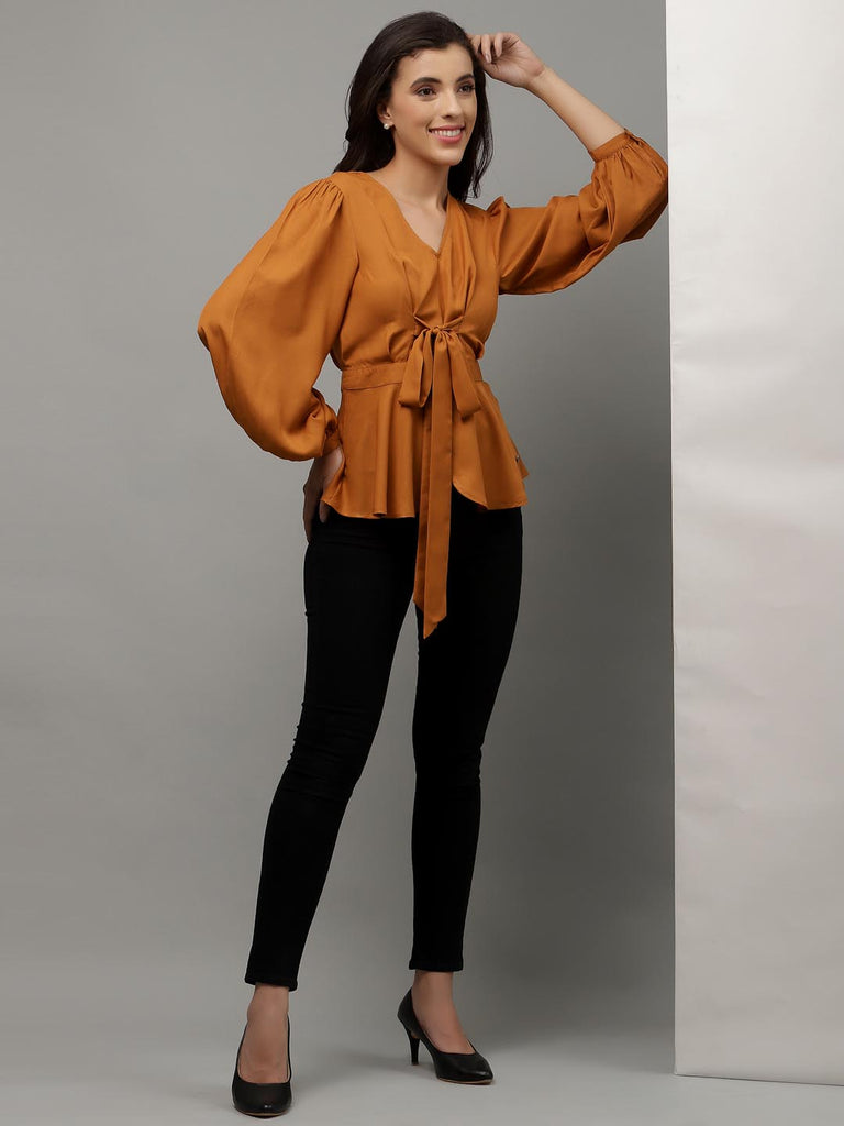 Tan Brown Peplum Tie Up Top | Tops & Shirts |Ayro Lane