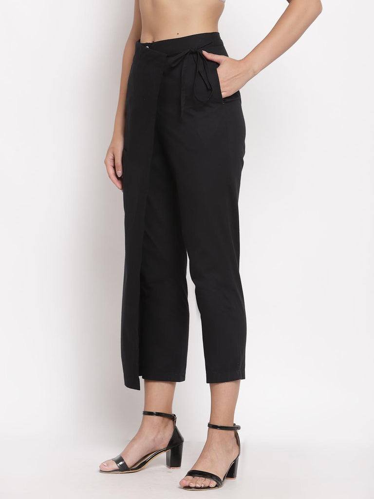 High Waist Cotton Wrap Trouser Foldover Pants in Black | Clothing |Ayro Lane