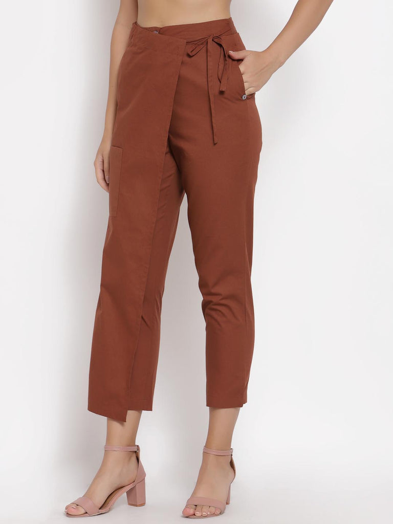 High Waist Cotton Wrap Trouser Foldover Pants in Rust | Clothing |Ayro Lane