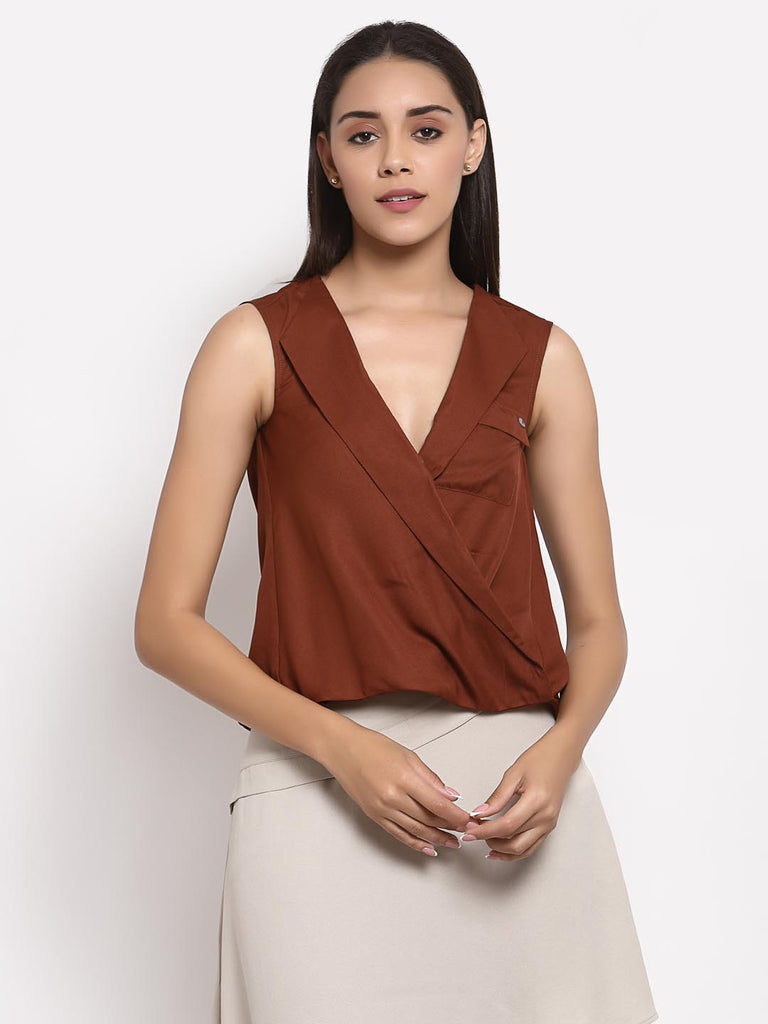 Dark Brown Lapel Collar Twist Top | Tops & Shirts |Ayro Lane