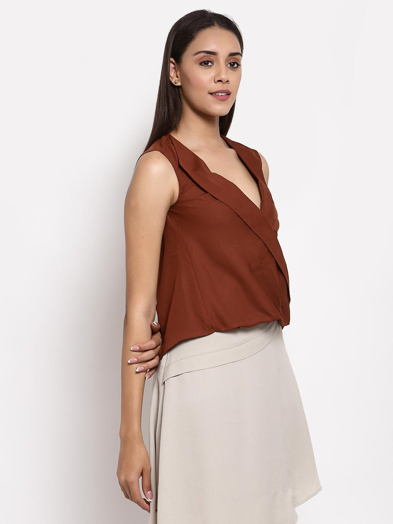 Dark Brown Lapel Collar Twist Top | Tops & Shirts |Ayro Lane