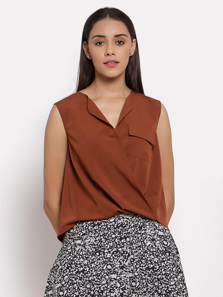 Dark Brown Lapel Collar Twist Top | Tops & Shirts |Ayro Lane