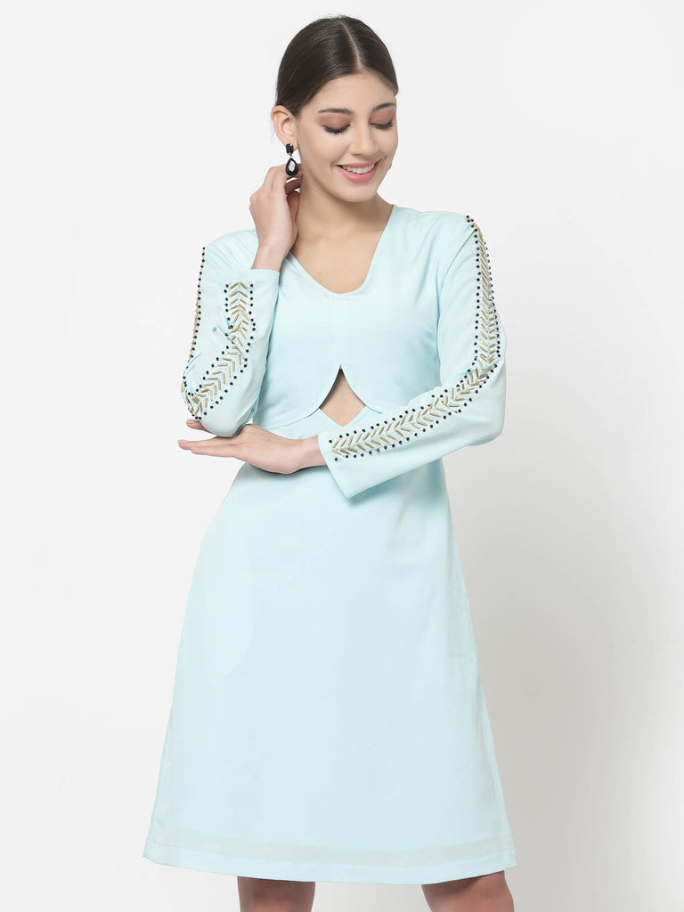 Embroidered Sleeve Dress (Turquoise) | Hem Dress |Ayro Lane