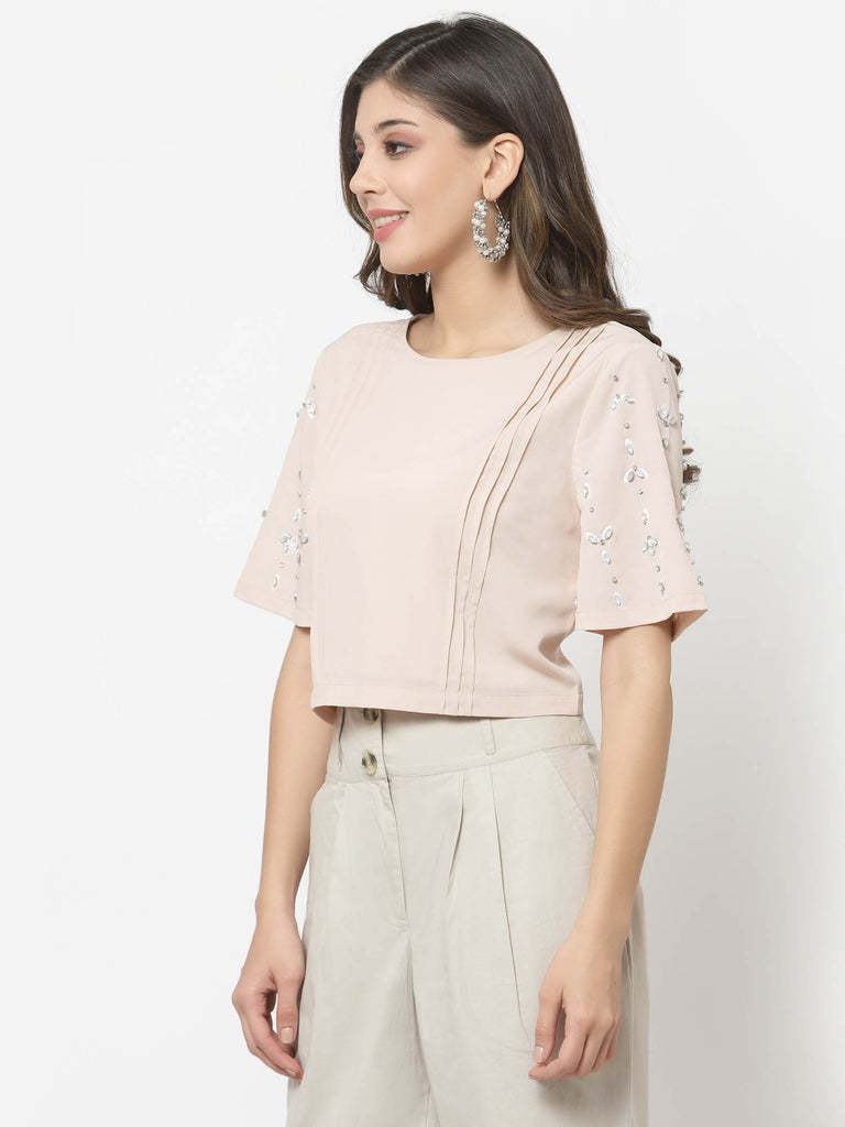 Studs Embellished Sleeve Top (Nude Pink) | Tops & Shirts |Ayro Lane