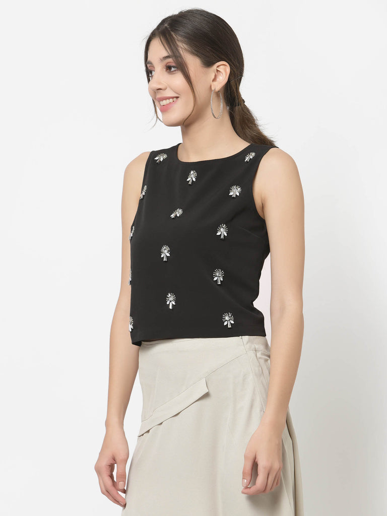 Front Embroidered Sleeveless Top (Black) | Tops & Shirts |Ayro Lane