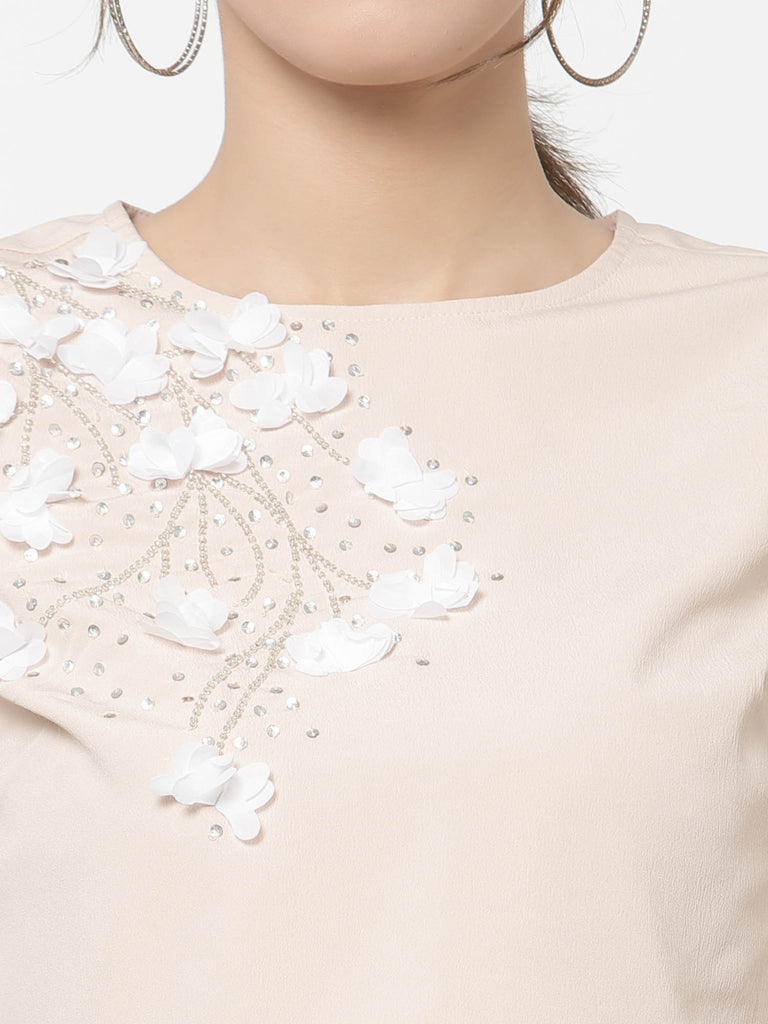 Nude Pink 3D Floral Embroidery Top | Tops & Shirts |Ayro Lane