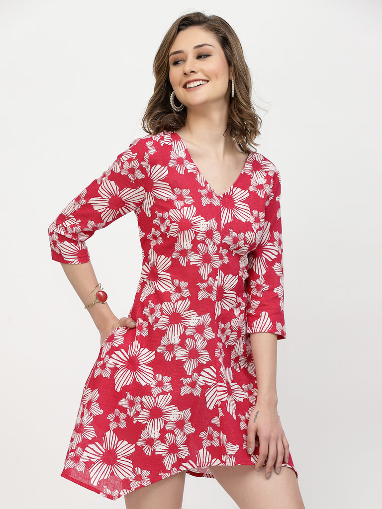 Asymmetric Magenta Hem Dress with White Floral Print | Hem Dress |Ayro Lane